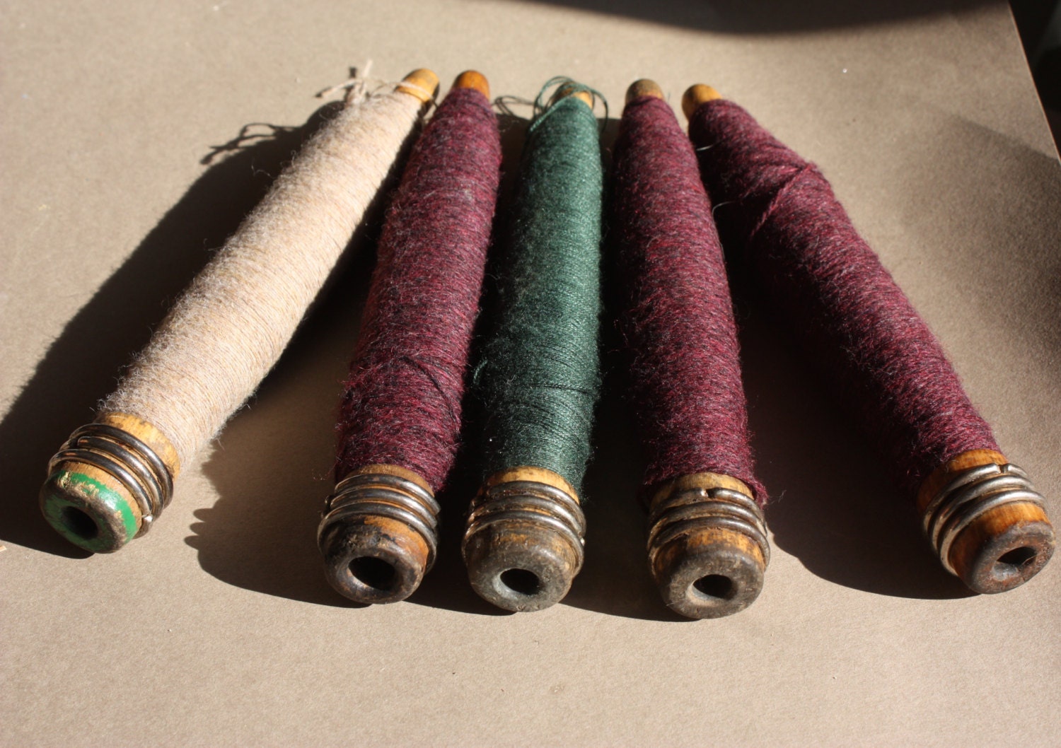 Antique Wooden Quill Bobbin Wound with Lace Weight Yarn