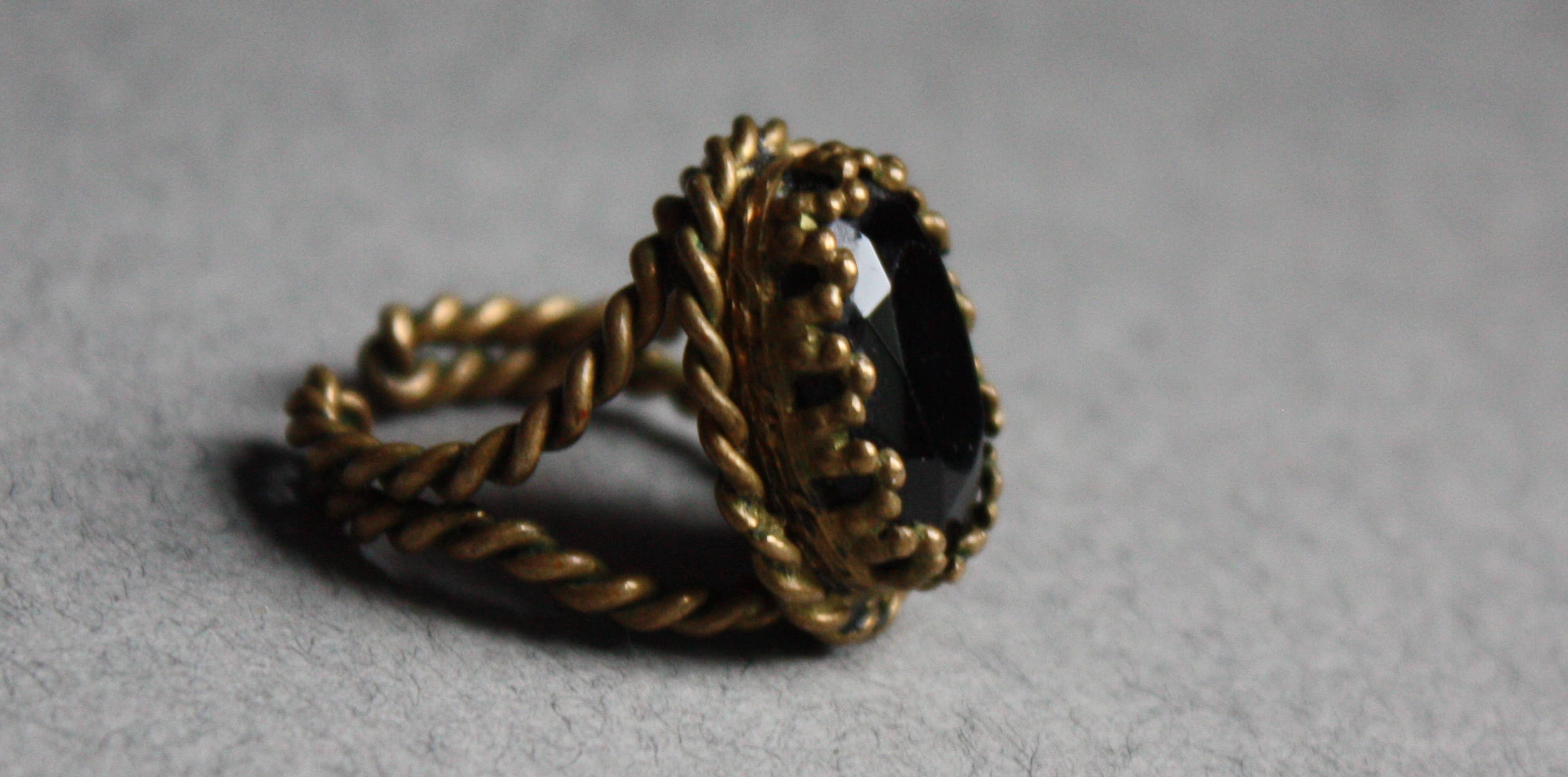 Braided Brass Shank Ring with Black Glass Stone