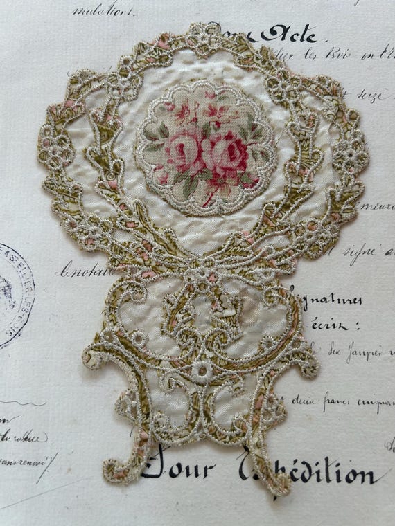 Vintage, Possibly Antique, Handsewn Appliqué with Rose Motif, from France