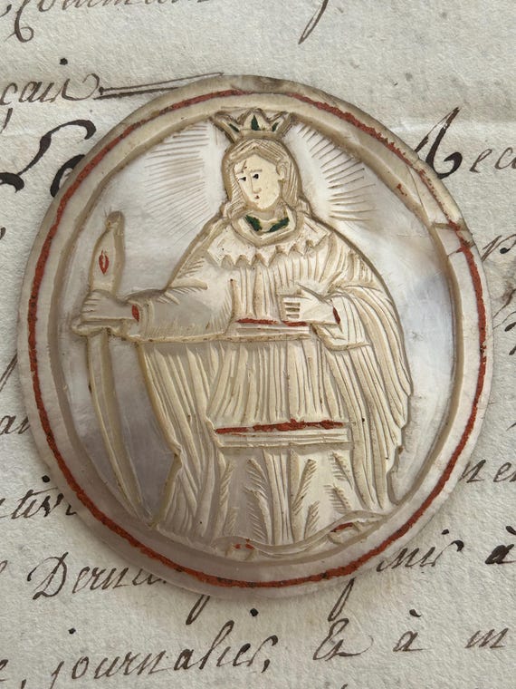 Seventeenth Century, Religious, Hand-Carved Mother of Pearl, Polychrome Medallion of Saint Catherine