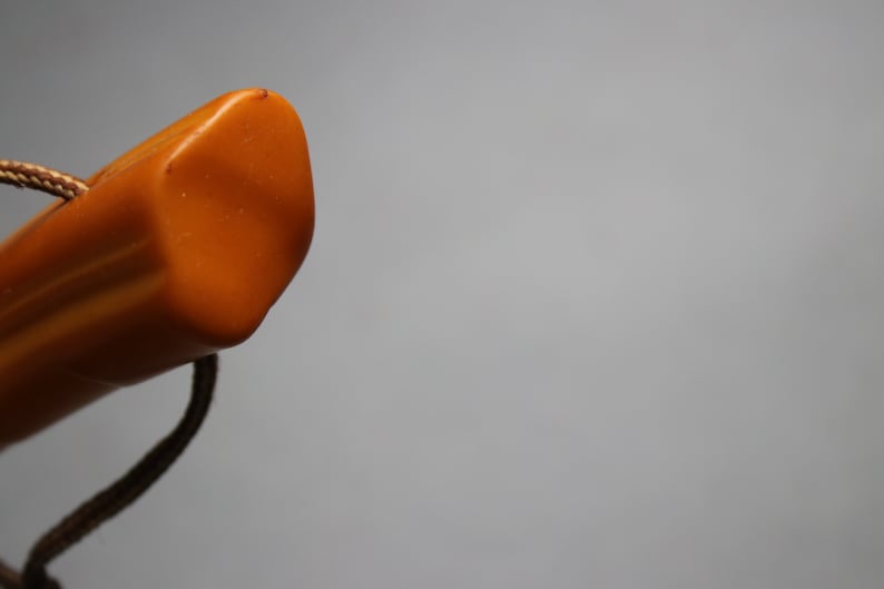 May include: Close-up of the top of a brown wooden walking stick with a knotted rope handle.
