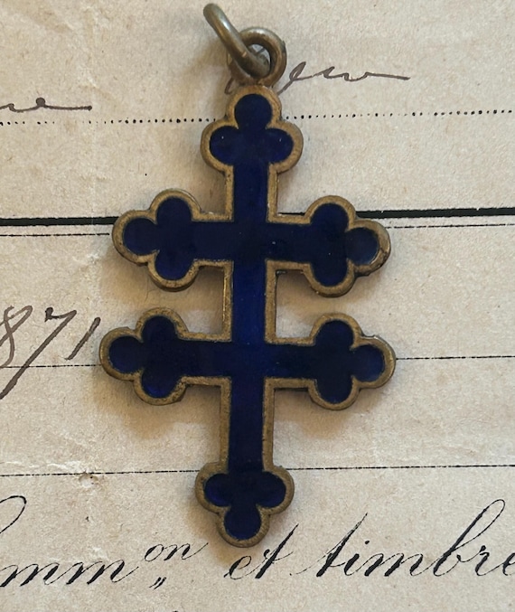 WWII Era Metal and Blue Enamel Croix de Lorraine Pendant, from France