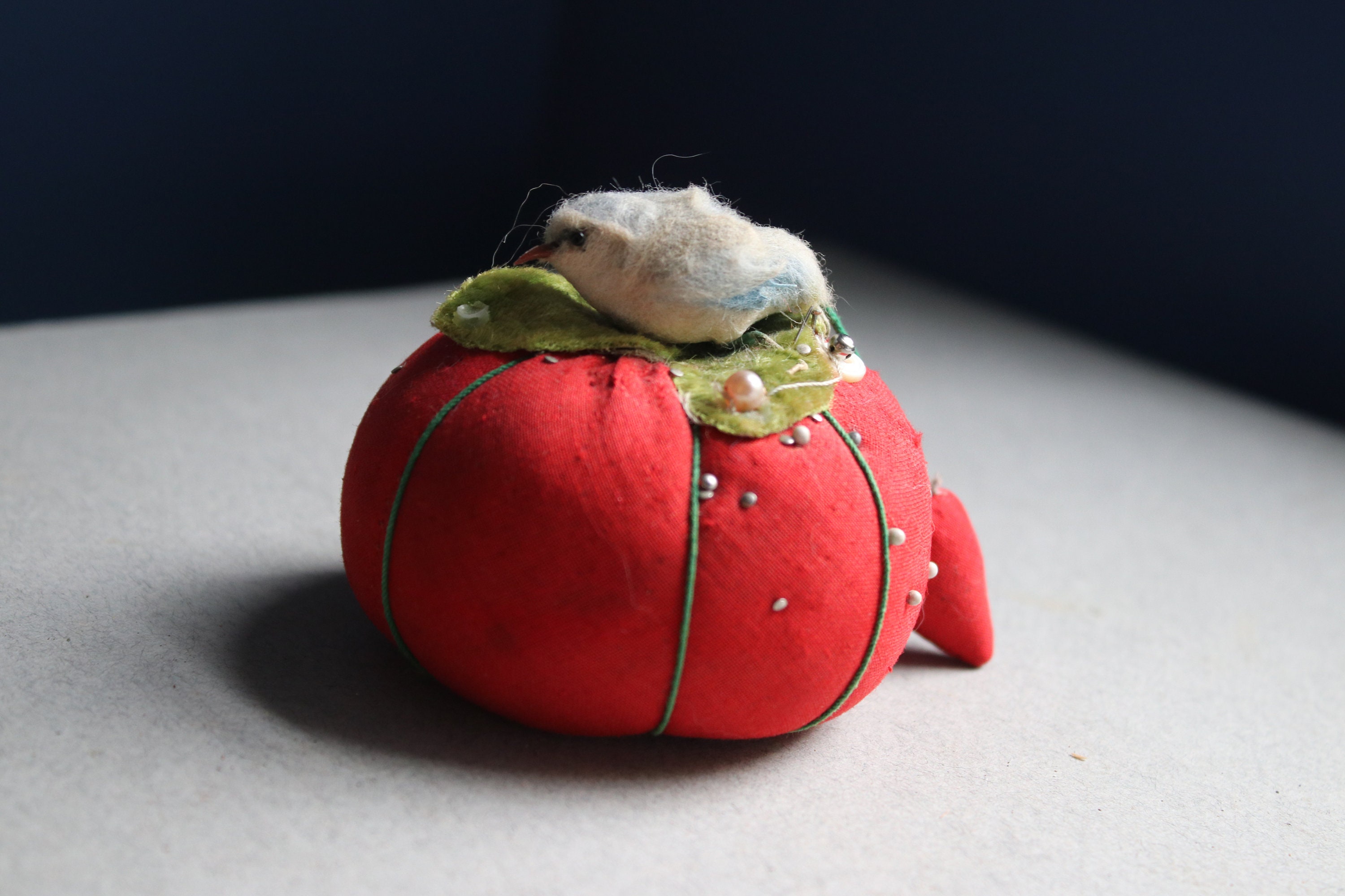 Tomato Pincushion with Spun Cotton Bird and Strawberry Emery