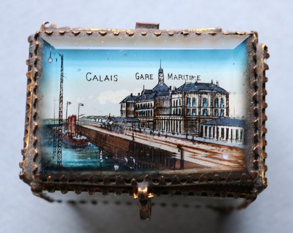 Antique, Glass and Ormolu, French Jewelry Casket/Vitrine Depicting the Gare Maritime in Calais