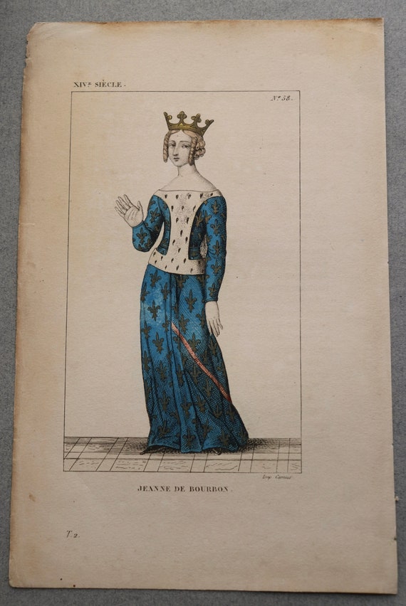 Hand-Colored Engraving of Jeanne de Bourbon by Léopold Massard, from 1834 Publication "Le Costumes Français depuis Clovis"