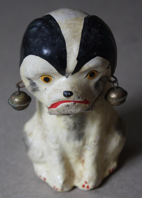Antique, Early 1900s, Papier-Mâché, Black and White Dog Nodder with Bells on Ears