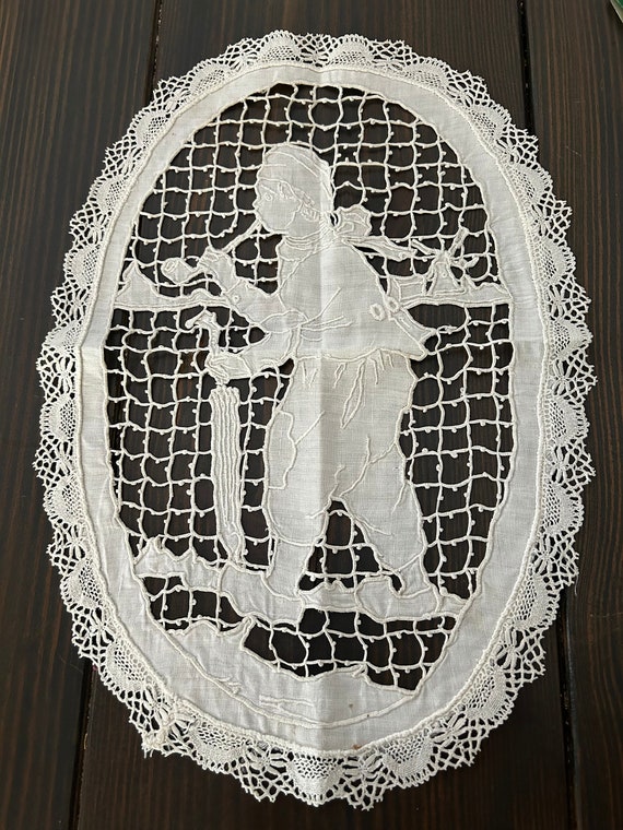 Pictorial Linen and Lace Doily, from France