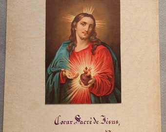 Vintage französische Chromolithographie des Heiligsten Herzens von Jesus mit französischer Kalligraphie
