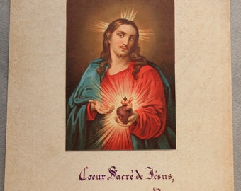 Vintage French Sacred Heart Chromolithograph with Calligraphy