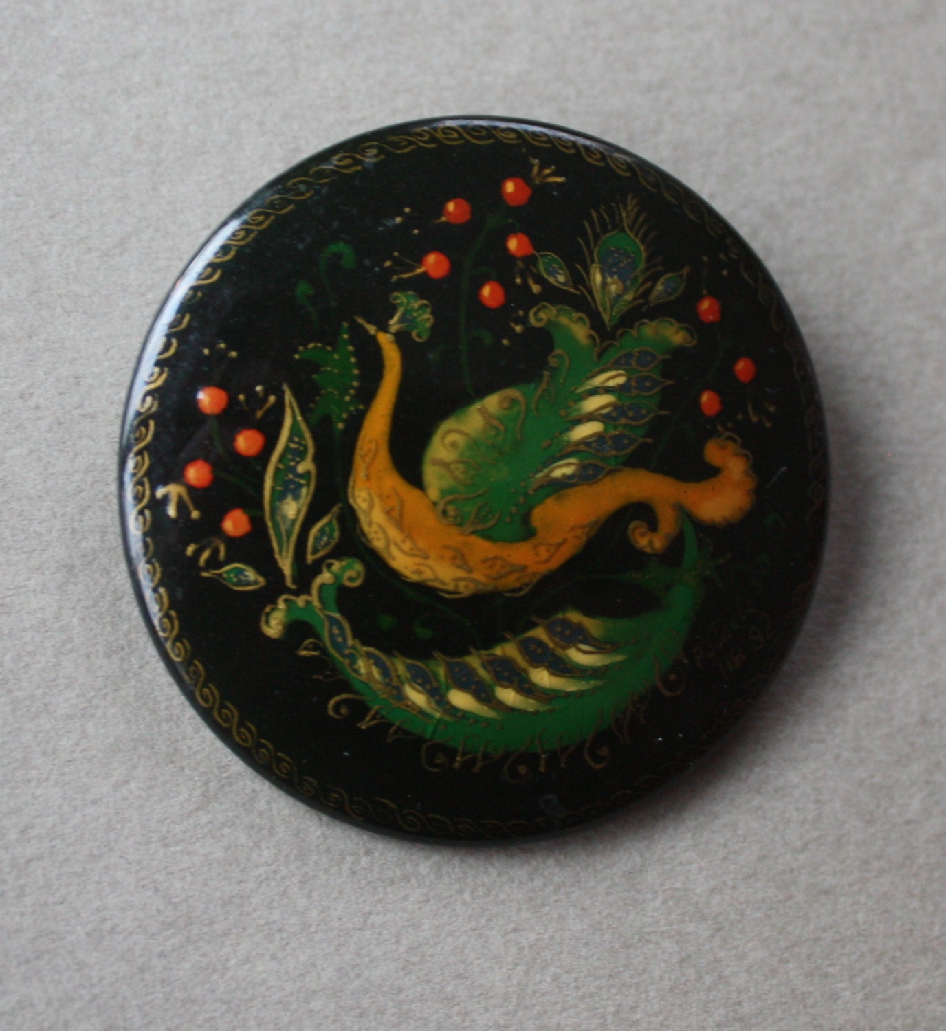 Russian Firebird Lacquer Brooch Made in Rublevo