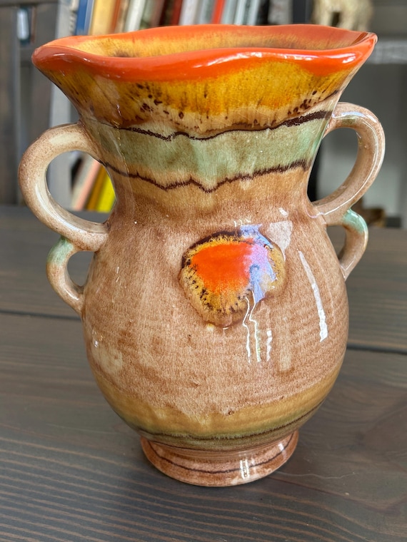 Mid-Century Modern, BR Keramik, Hand-Painted, Drip-Glazed, Double-Eared Vase, West Germany