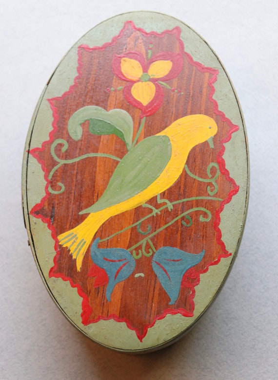 Handmade, Bentwood Painted Box with Bird and Floral Motifs