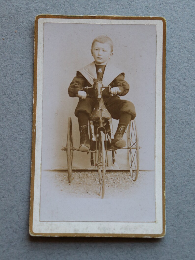 French Carte de Visite of Boy on HorseTricycle Velocipede