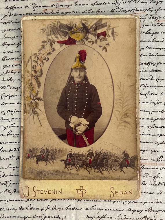 Hand-Colored French Cabinet Card of 23rd Regiment French Dragoon by Stevenin, Circa 1870s