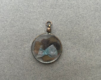 Double-Sided, Antique Locket from France with Hair, Ribbon, and Leaf