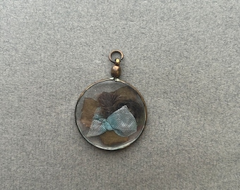 Double-Sided, Antique Locket from France with Hair, Ribbon, and Leaf