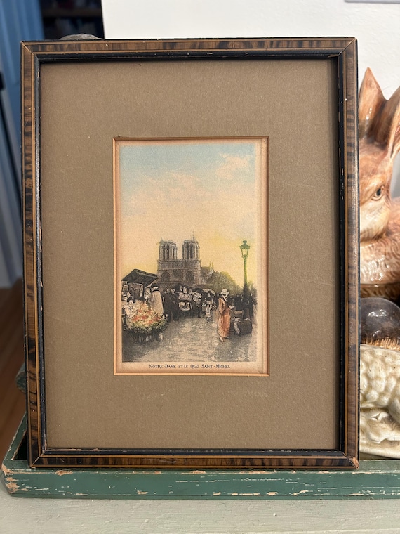 Framed, Vintage Postcard of Notre-Dame and Quai Saint-Michel