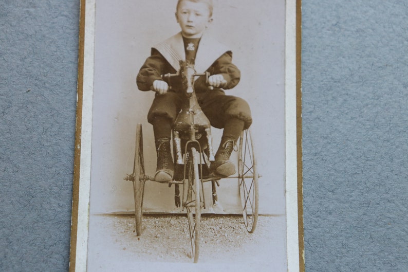 French Carte de Visite of Boy on HorseTricycle Velocipede