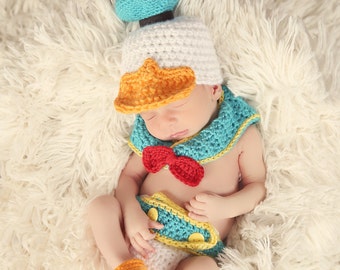 Donald Duck inspiriert 4-teiliges häkeln Baby Foto Prop Set/Kostüm, 0-3 Monate
