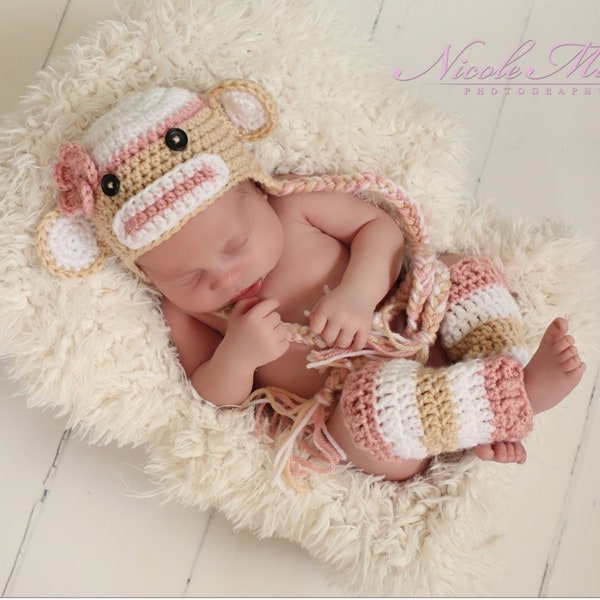 Sock Monkey Hats and Sets, Choose from 3 Different Color Combinations, Crochet Photo Props for Newborns
