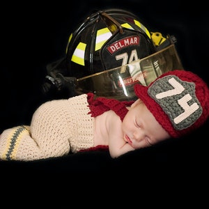 Firefighter Set for Infants, Crochet Firefighter Hat, Suspender Pants, Photo Prop, Sizes Newborn or 0-3 Months