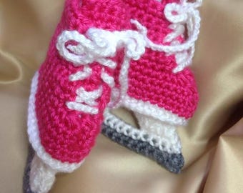Eishockey Schlittschuhe für Babys, häkeln Hot Pink Schlittschuhe, 0-3 Monate