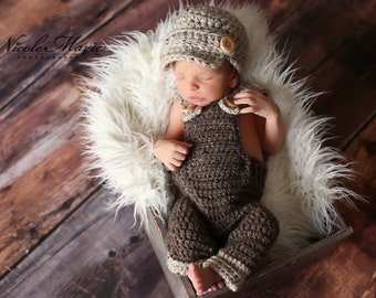 MADE TO ORDER Overalls & Newsboy Set, Newborn Baby Boys, Tweed Bib Overalls with Wood Buttons, Matching Newsboy Cap, Photo Prop Set