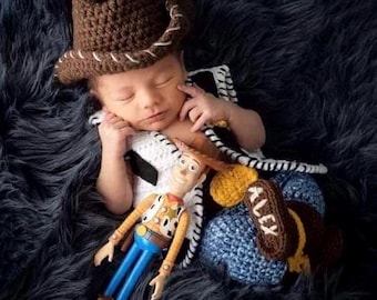 Woody-Inspired Customizable 4pc Crochet Baby Photo Prop Set, 0-3 Months