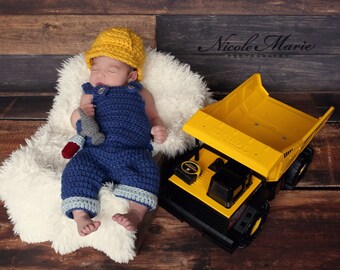 Contractor Set, 3-pc Crochet Hard Hat, Overalls, Hammer, 0 to 3 Months