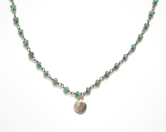 Handmade, Boho, Beaded Chain - Meaningful, Emerald Green Chain Necklace with Silver Little Lights Charm