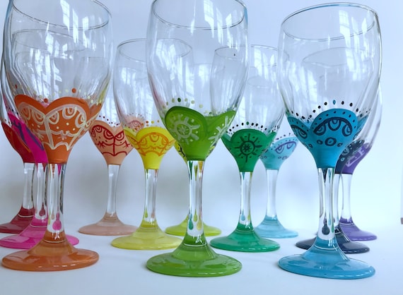 Festive Hand Painted Stemless White Wine Glasses-PICK TWO!