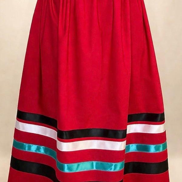 Red Ribbon Skirt Native Style | Black White Turquoise Accents, Pockets, Adjustable Waist