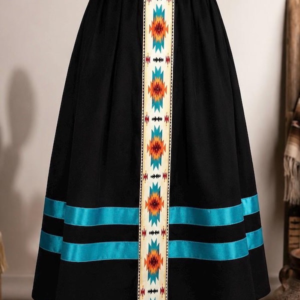 Black Southwestern Ribbon Skirt with Turquoise Accents | Native Inspired Handmade Apparel