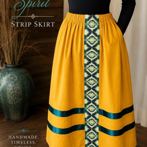 Mustard Gold Ribbon Skirt | Southwestern Strip, Teal Satin Accents, Native Inspired
