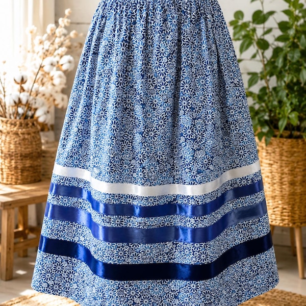 Blue Floral Cotton Ribbon Skirt with Pockets | Native Inspired Handmade Skirt