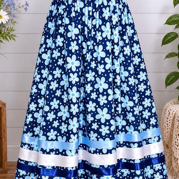 Blue Floral Ribbon Skirt with Pockets | Handmade Native Inspired Satin Detail