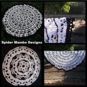 May include: Four images showing a black and white crocheted mandala design. The design features a repeating skull pattern. The text "Spider Mambo Designs" is visible in the image.