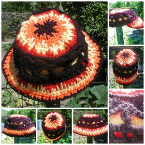 May include: A collection of crocheted hats in various colors and patterns. The hats are all made with a similar stitch and have a wide brim. The hats are displayed on a wooden surface.