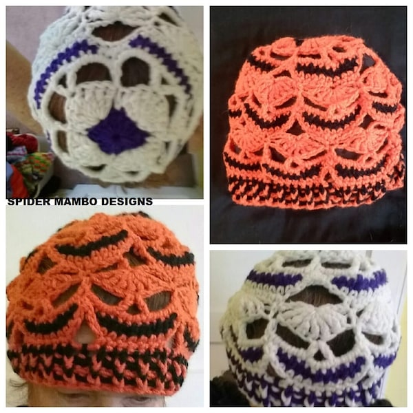 May include: Three crocheted skull hats in different color combinations. The hats are white with purple, orange with black, and white with purple and black.
