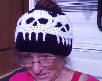 PDF Crochet Pattern Mega  Skulls Messy Bun Hat, Pony Tail Hat or Beanie