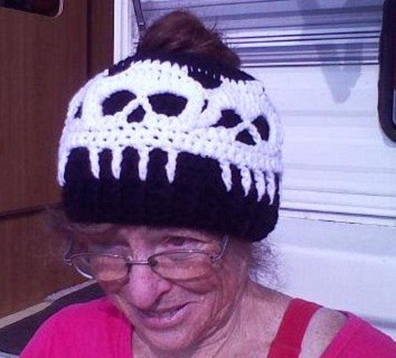 PDF Crochet Pattern Mega Skulls Messy Bun Hat, Pony Tail Hat or