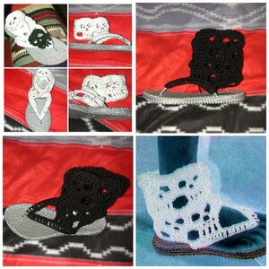 May include: A pair of black and white crochet sandals with a skull design. The sandals are made with a thick, chunky yarn and have a simple, minimalist design.