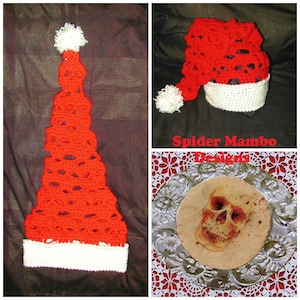 May include: A red and white crocheted Santa hat with a skull pattern. The hat is on a brown background. The image also includes a close-up of the hat and a skull design on a plate. The text "Spider Mambo Designs" is visible in the image.