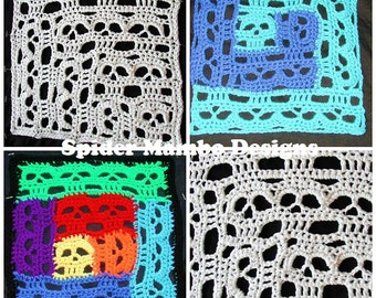 May include: Four crochet squares with a skull design. The squares are in different colors, including white, blue, green, and red. The squares are arranged in a grid pattern. The text "Spider Mambo Designs" is visible in the image.