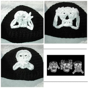May include: Three black crochet hats with white skull designs. The skulls are covering their eyes, nose, and mouth, representing the "See no evil, hear no evil, speak no evil" saying.