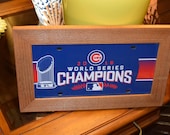 FREE SHIPPING Chicago Cubs World Series License Plate Sign Framed cedar 6x12 blue metal display