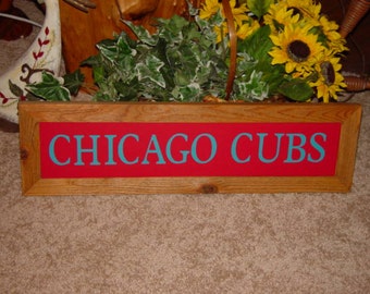 FREE SHIPPING Large man cave custom lettered solid cedar wood framed Chicago Cubs sign oak finish rustic bar display