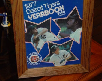 FREE SHIPPING 1977 Rare Detroit Tigers Vintage Yearbook custom framed cedar oak finish Man Cave rustic wall hanging display