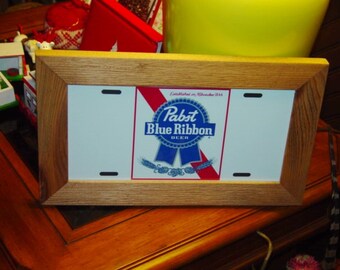 FREE SHIPPING Pabst Blue Ribbon Beer License Plate Bar Sign Framed cedar