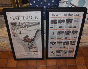 FREE SHIPPING 2 Colorado Avalanche 2022 framed original newspapers Stanley Cup Champions solid rustic wood Hat Trick